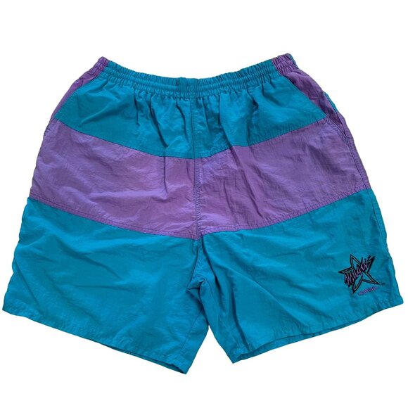 Vintage 80s Swim Trunks Shorts Converse Magic Johnson Collab L Teal Purple Lined - Picture 1 of 14